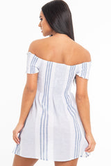 White Blue Stripe Shirred Bardot Woven Mini Dress - Artemis-Dresses