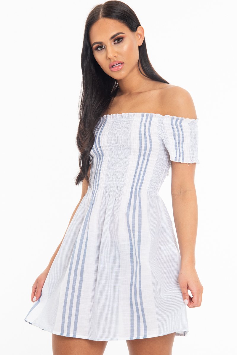 White Blue Stripe Shirred Bardot Woven Mini Dress - Artemis-Dresses