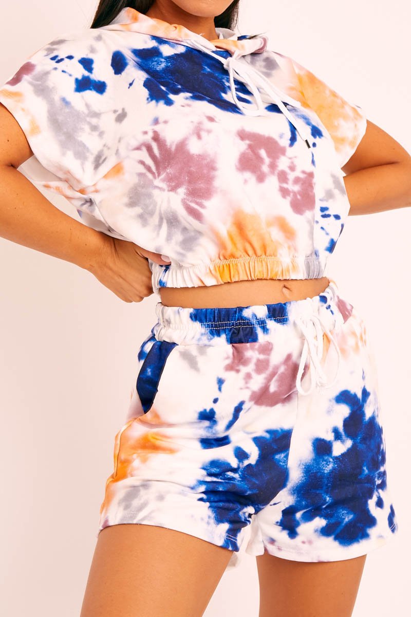White Blue Tie-Dye Hoodie and Shorts Loungewear Co-ord - Makaia-Loungewear