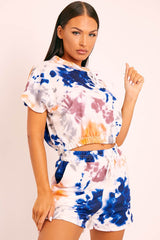 White Blue Tie-Dye Hoodie and Shorts Loungewear Co-ord - Makaia-Loungewear