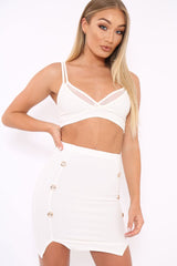White Bodycon Button Down Split Front Mini Skirt - Gretel-Skirts