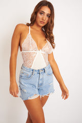 White Bow Front Jersey Bodysuit - Caterina-Bodysuits