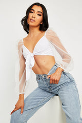 White Bow Front Organza Sleeve Crop Top - Eddie-Crop Tops