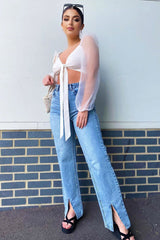 White Bow Front Organza Sleeve Crop Top - Eddie-Crop Tops