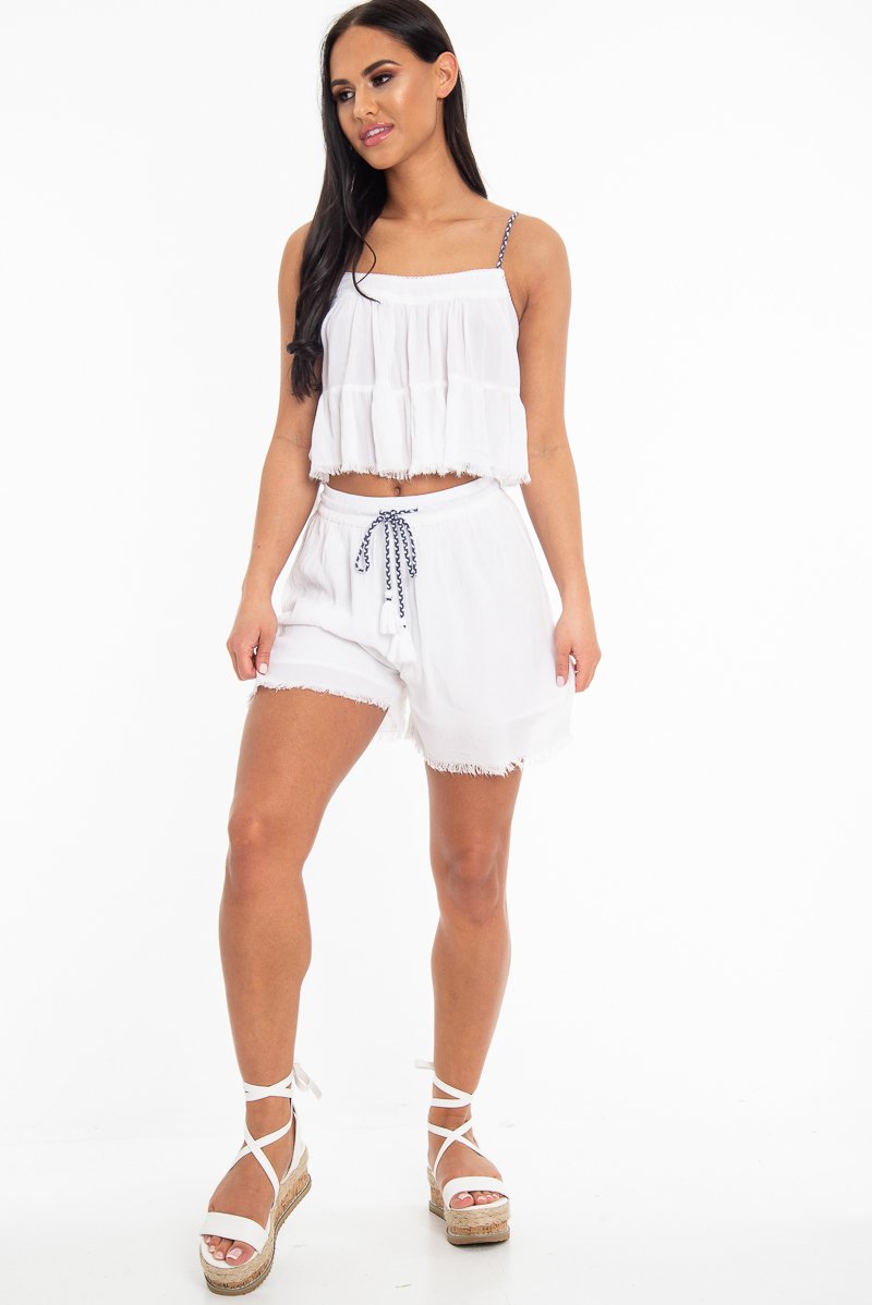 White Braided Drawstring Tassel Detail Shorts - Gabbi-Shorts