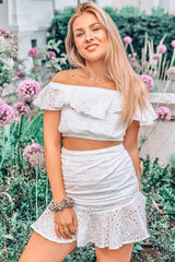 White Broderie Lace Bardot Crop Top Skirt Co-Ord - Dahlia-Co-ords