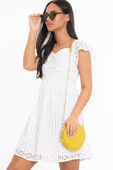 White Broderie Off Shoulder Skater Mini Dress - Lyssa-Dresses