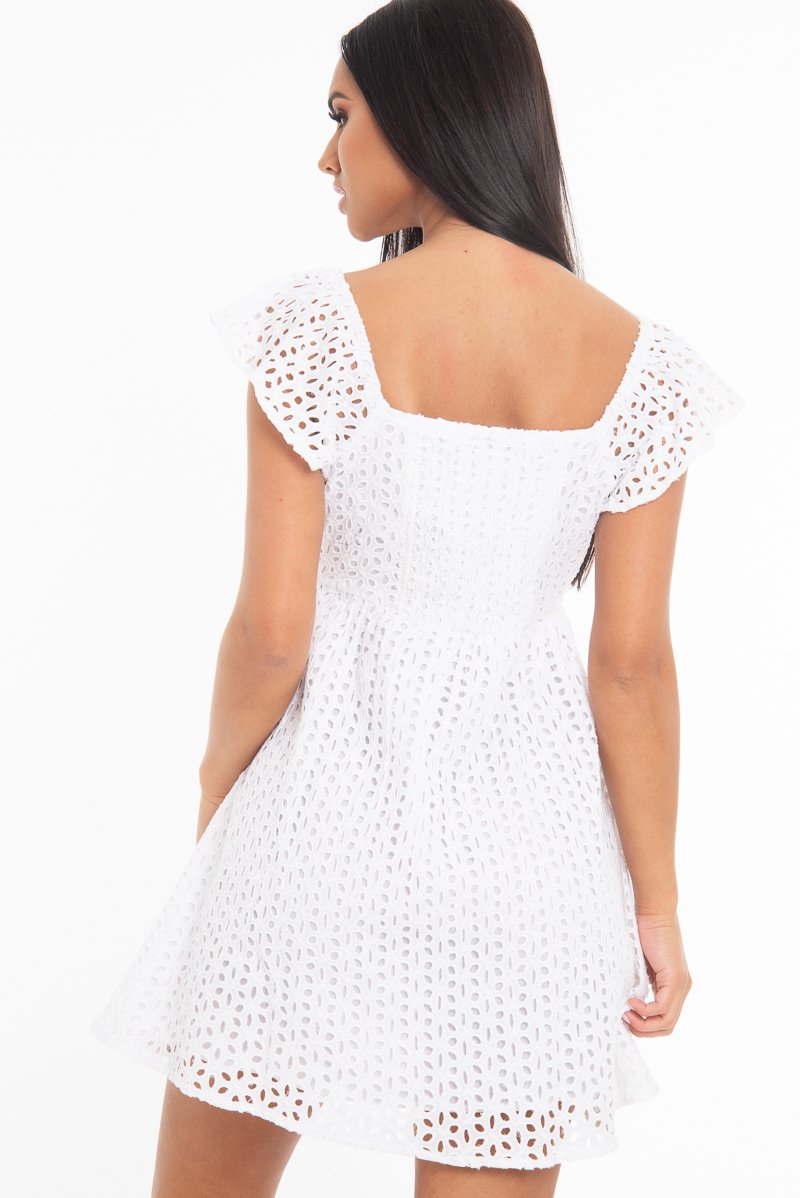 White Broderie Off Shoulder Skater Mini Dress - Lyssa-Dresses