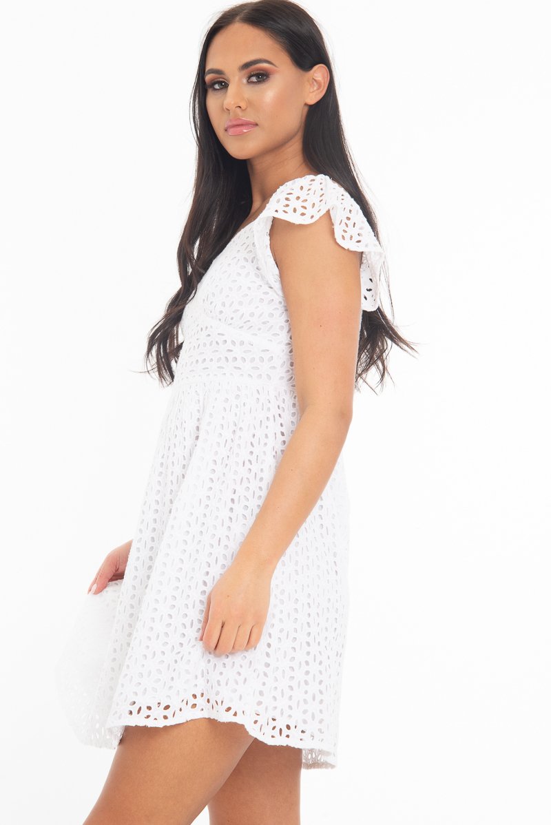 White Broderie Off Shoulder Skater Mini Dress - Lyssa-Dresses