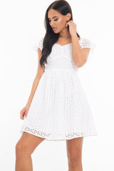 White Broderie Off Shoulder Skater Mini Dress - Lyssa-Dresses
