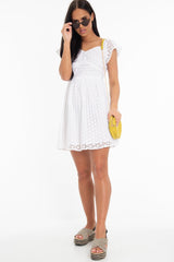 White Broderie Off Shoulder Skater Mini Dress - Lyssa-Dresses