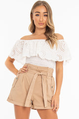 White Broderie Shirred Waist Bardot Top - Sophia-Tops