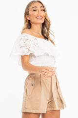 White Broderie Shirred Waist Bardot Top - Sophia-Tops