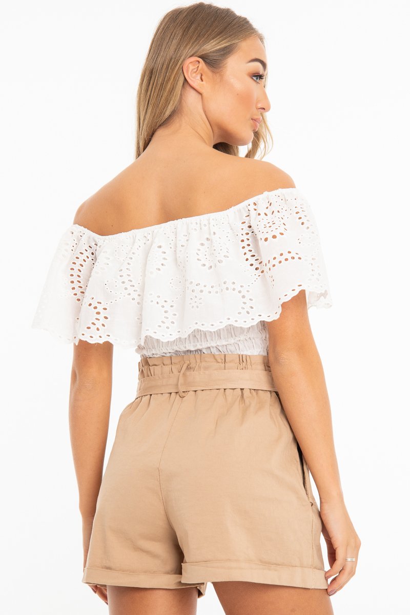 White Broderie Shirred Waist Bardot Top - Sophia-Tops