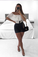 White Broderie Shirred Waist Bardot Top - Sophia-Tops