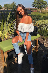 White Broderie Shirred Waist Bardot Top - Sophia-Tops