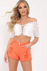 White Broiderie Lace Up Bardot Crop Top - Dilan-Tops