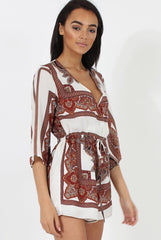 White & Brown Pattern Wrap Over Playsuit - Belinda-Playsuits