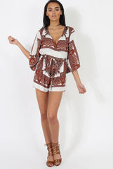 White & Brown Pattern Wrap Over Playsuit - Belinda-Playsuits