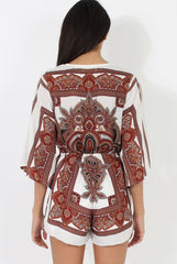 White & Brown Pattern Wrap Over Playsuit - Belinda-Playsuits