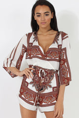 White & Brown Pattern Wrap Over Playsuit - Belinda-Playsuits