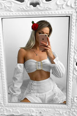White Buckle Front Extreme Bardot Crop Top - Theora-Crop Tops