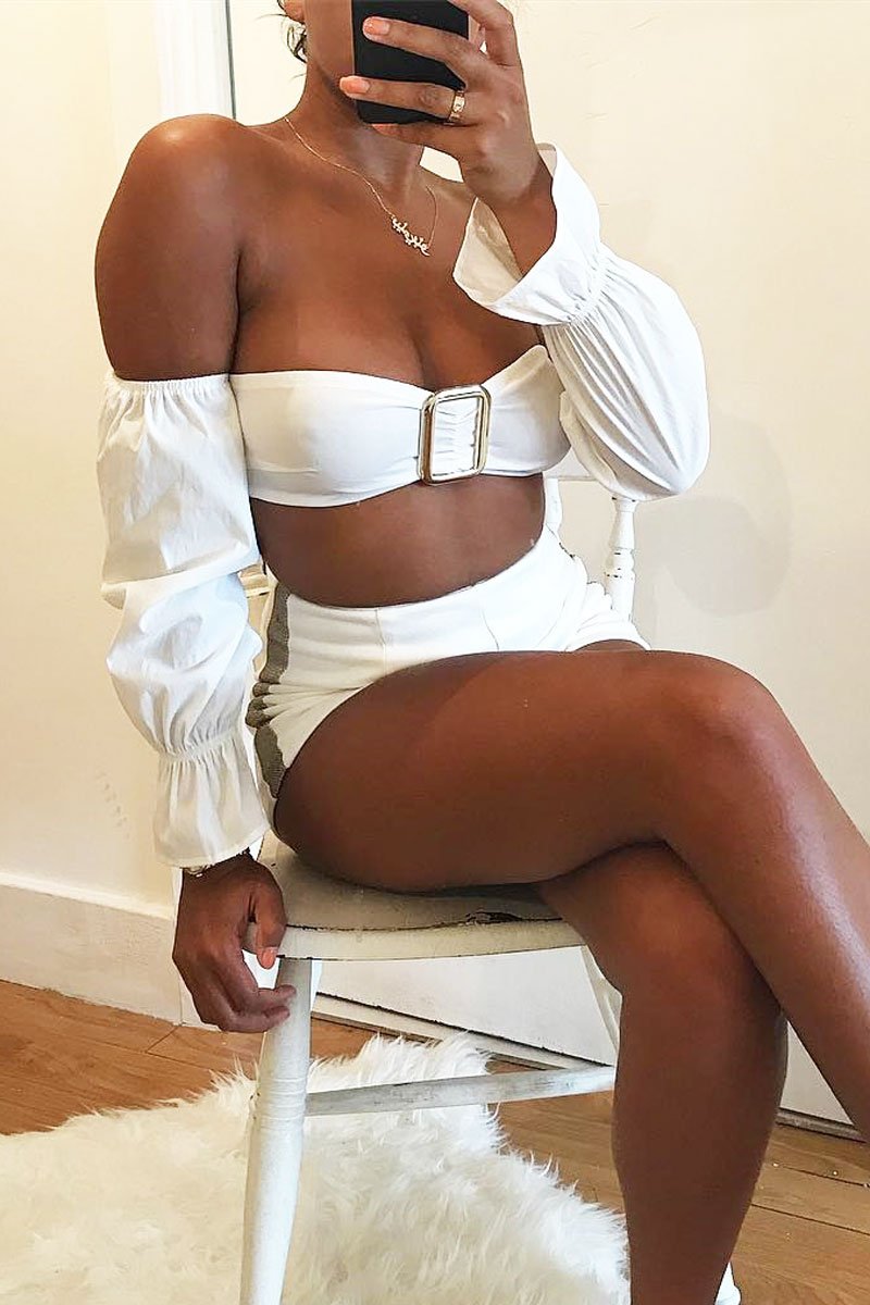 White Buckle Front Extreme Bardot Crop Top - Theora-Crop Tops