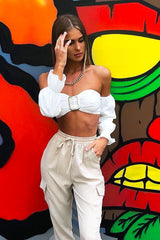 White Buckle Front Extreme Bardot Crop Top - Theora-Crop Tops