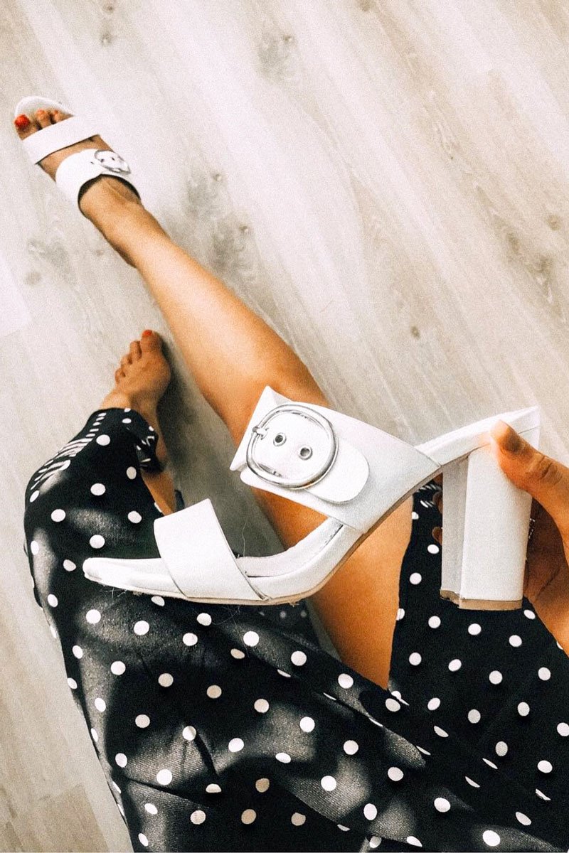 White Buckle Strap Mules - Lilo-Heels