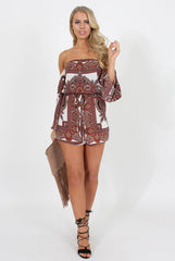 White & Burgundy Paisley off the Shoulder Playsuit - Chelsey-Playsuits