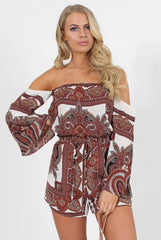 White & Burgundy Paisley off the Shoulder Playsuit - Chelsey-Playsuits