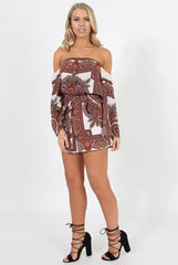 White & Burgundy Paisley off the Shoulder Playsuit - Chelsey-Playsuits