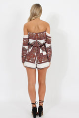 White & Burgundy Paisley off the Shoulder Playsuit - Chelsey-Playsuits