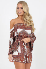 White & Burgundy Paisley off the Shoulder Playsuit - Chelsey-Playsuits
