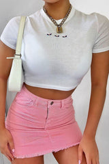 White Butterfly Ribbed Cropped T-shirt - Flissy-T-shirt
