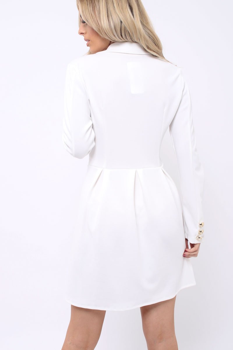 White Button Detail Blazer Dress - Kayleigh-Dresses