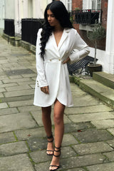 White Button Detail Blazer Dress - Kayleigh-Dresses