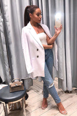 White Button Front Belted Blazer Dress - Justyne-Dresses