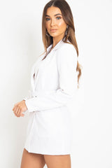 White Button Front Belted Blazer Dress - Justyne-Dresses