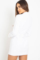 White Button Front Belted Blazer Dress - Justyne-Dresses