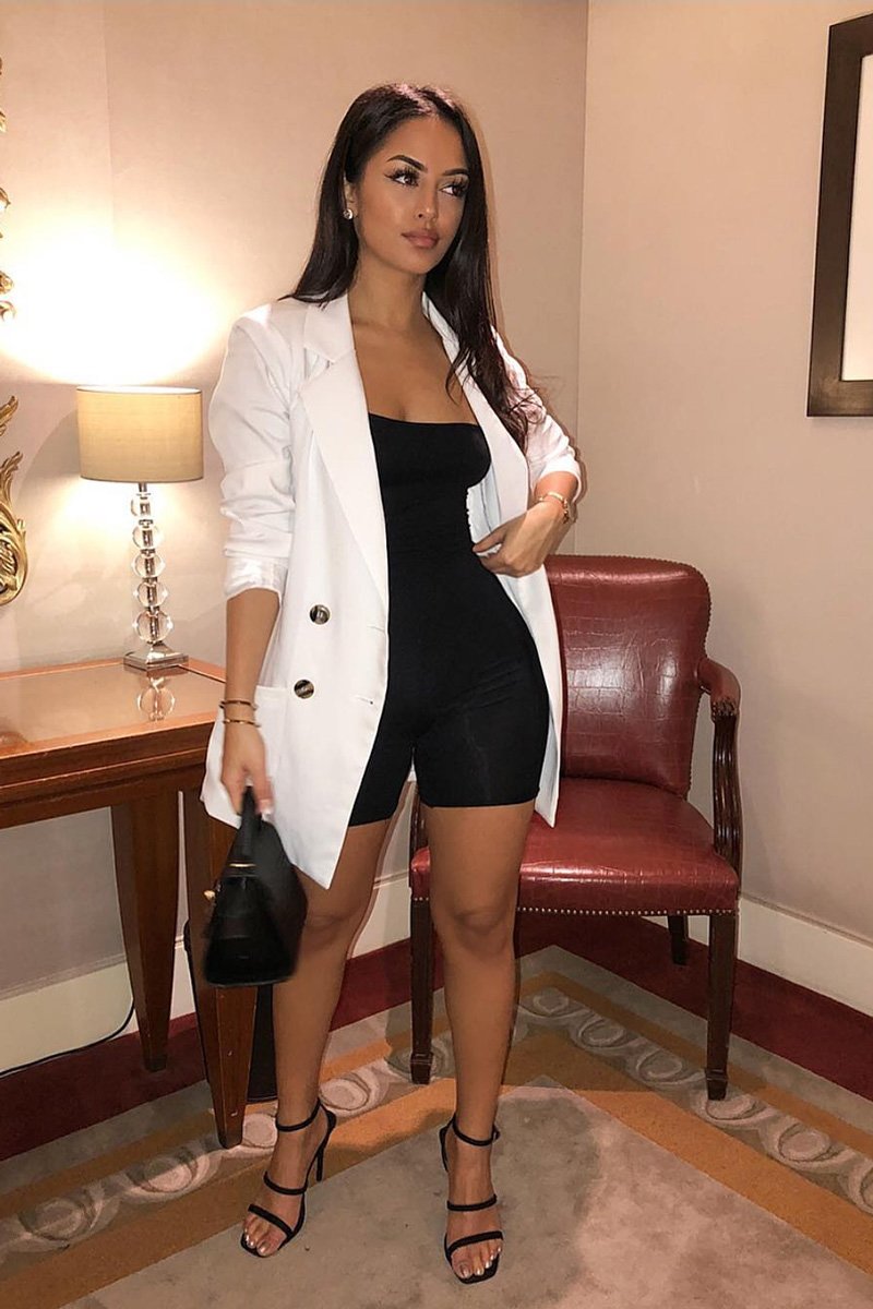 White Button Front Belted Blazer Dress - Justyne-Dresses