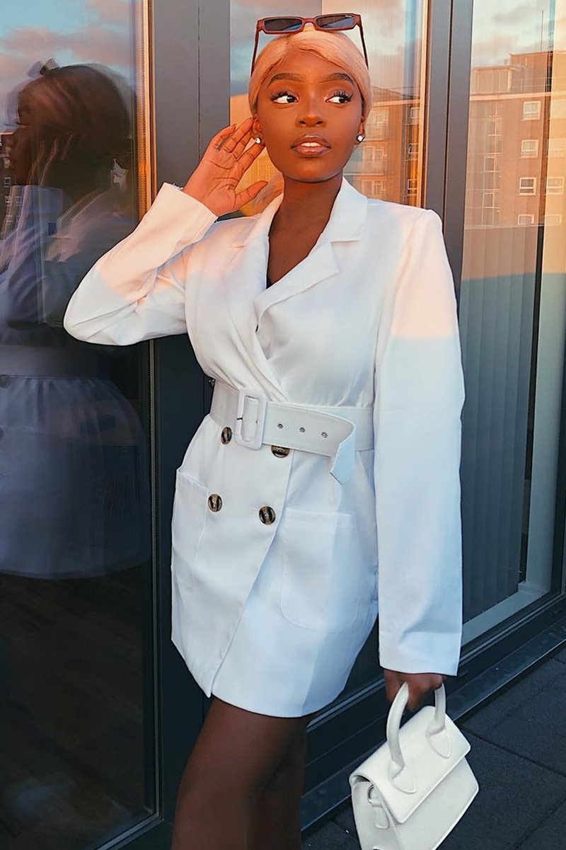 white blazer dress White Button Front Belted Blazer Dress