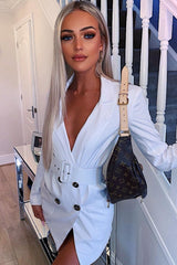 White Button Front Belted Blazer Dress - Justyne-Dresses