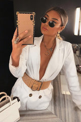 White Button Front Belted Blazer Dress - Justyne-Dresses