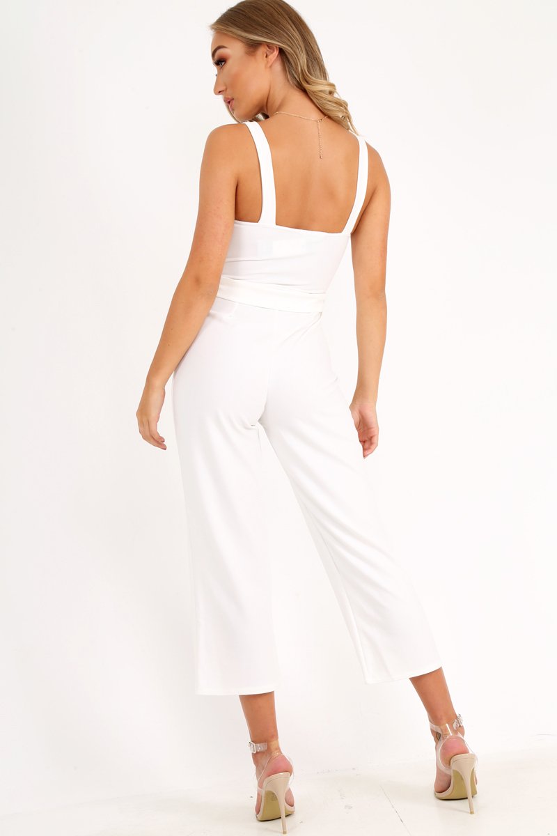 White Button Front Belted Culotte Jumpsuit - Magy-Jumpsuits