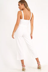 White Button Front Belted Culotte Jumpsuit - Magy-Jumpsuits
