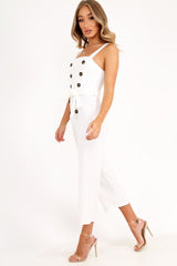 White Button Front Belted Culotte Jumpsuit - Magy-Jumpsuits