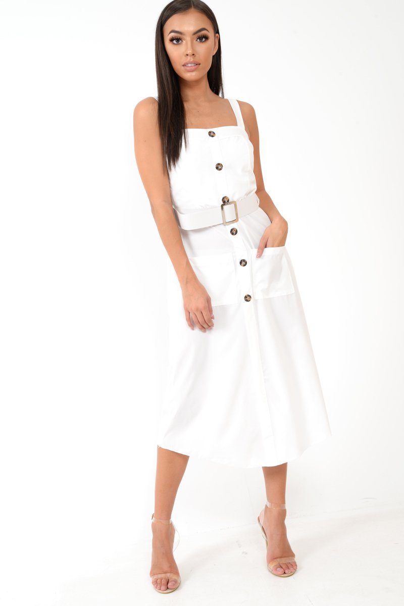 White Button Front Belted Midi Dress - Caela-Dresses