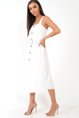 White Button Front Belted Midi Dress - Caela-Dresses