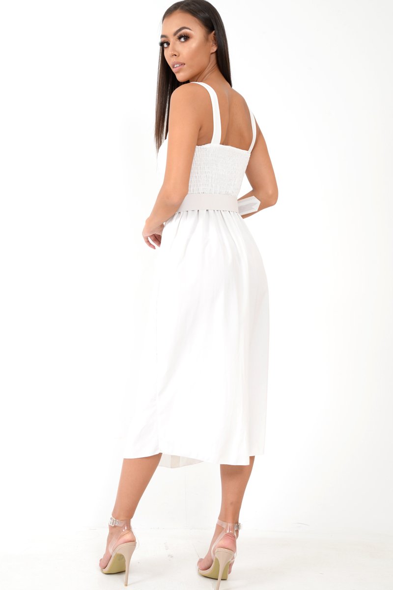 White Button Front Belted Midi Dress - Caela-Dresses